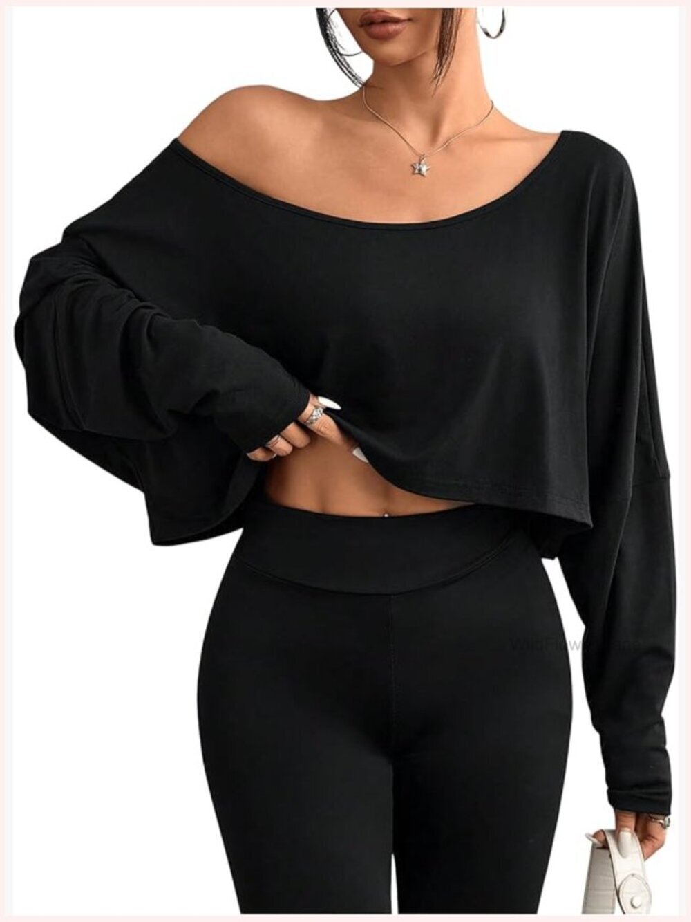 Off Shoulder Long Sleeve Crop Top Loose Fit Workout Shirt